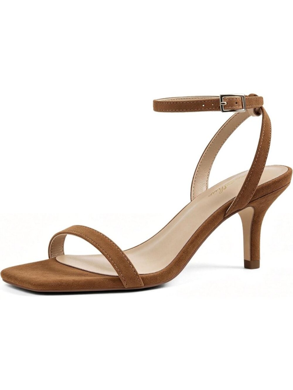 Women's Brown Flock Square Open Toe Kitten Ankle Strap Sandals Strappy Low Heels
